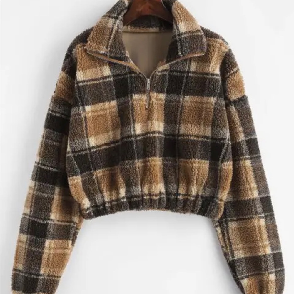 Zaful Plaid Quarter Zip Cropped Pullover
